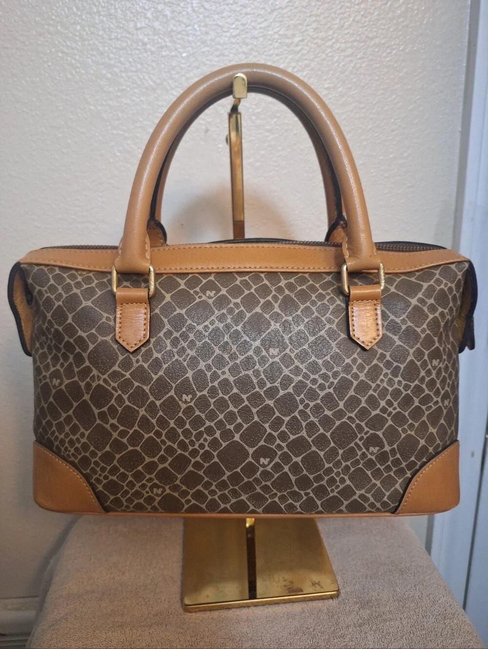 Nina Ricci Brown Patterned Bag Purse Satchel with Tan Trim